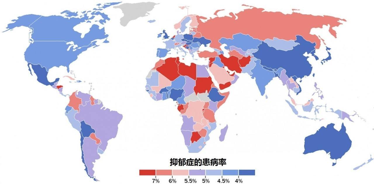 世界抑鬱症患病率地圖 世界抑鬱症患病率地圖