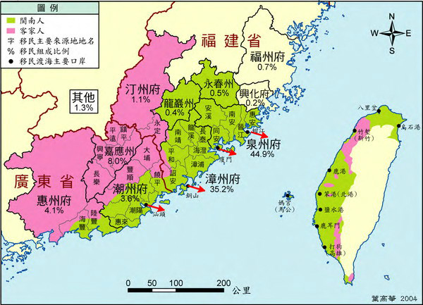 中國大陸福建、廣東省漢族移民來台路線圖