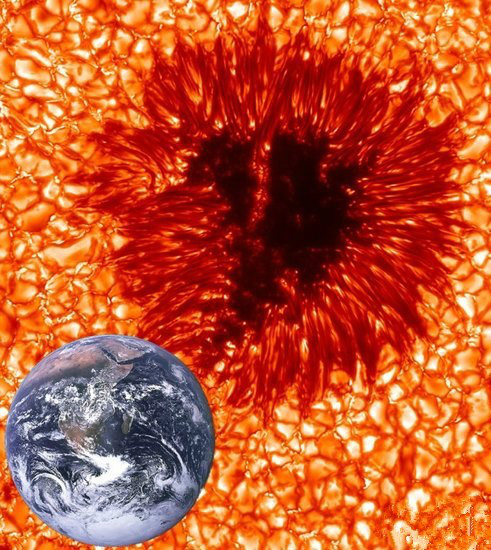 太陽黑子(近照)與地球 太陽黑子(近照)與地球