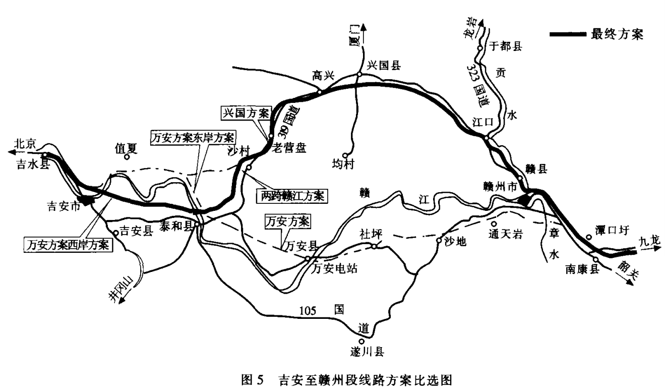 京九鐵路兩跨贛江繞大彎的萬安縣至興國縣線路組合方案示意 京九鐵路兩跨贛江繞大彎的萬安縣至興國縣線路組合方案示意