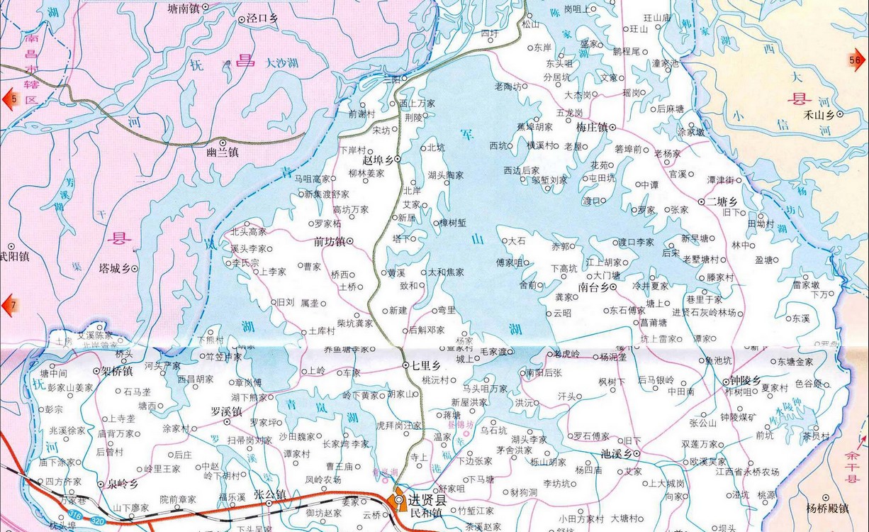 鄱陽湖南部進賢縣境內水面分布 鄱陽湖南部進賢縣境內水面分布